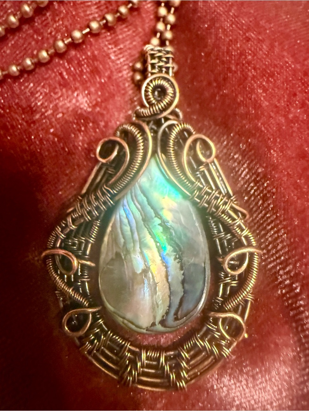 Handcrafted Abalone Teardrop Pendant Necklace - Iridescent Green & Copper